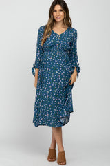 Dark Teal Floral Button Front Maternity Midi Dress