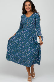 Dark Teal Floral Button Front Midi Dress