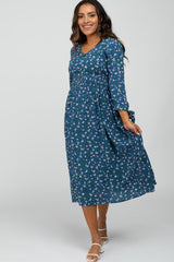 Dark Teal Floral Button Front Midi Dress