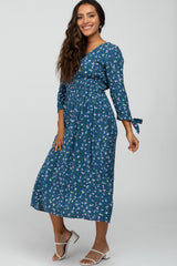 Dark Teal Floral Button Front Midi Dress