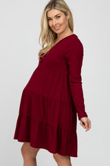 Burgundy Ribbed Tiered Maternity Dress