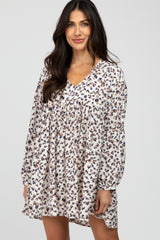 Cream Animal Print Button Front Long Sleeve Dress