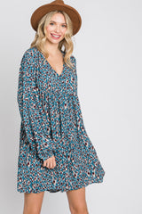 Teal Printed Button Front Long Sleeve Dress