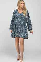 Teal Printed Button Front Long Sleeve Maternity Dress