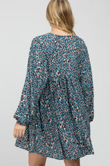 Teal Printed Button Front Long Sleeve Maternity Dress