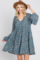 Teal Printed Button Front Long Sleeve Dress