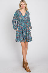 Teal Printed Button Front Long Sleeve Dress