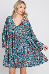 Teal Printed Button Front Long Sleeve Dress