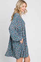 Teal Printed Button Front Long Sleeve Dress