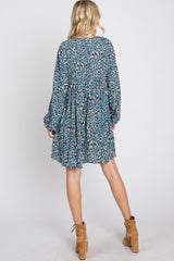 Teal Printed Button Front Long Sleeve Dress