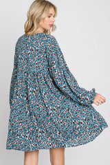 Teal Printed Button Front Long Sleeve Dress