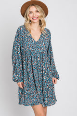 Teal Printed Button Front Long Sleeve Dress