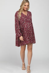 Burgundy Printed Button Front Long Sleeve Maternity Dress