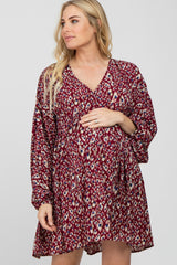 Burgundy Printed Button Front Long Sleeve Maternity Dress