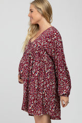 Burgundy Printed Button Front Long Sleeve Maternity Dress