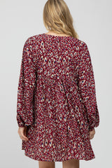 Burgundy Printed Button Front Long Sleeve Maternity Dress