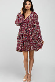 Burgundy Printed Button Front Long Sleeve Dress