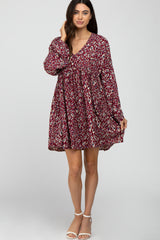 Burgundy Printed Button Front Long Sleeve Maternity Dress