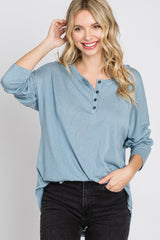 Light Blue Button Front Raw Edge Top