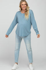 Light Blue Button Front Raw Edge Maternity Top