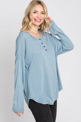 Light Blue Button Front Raw Edge Top