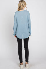 Light Blue Button Front Raw Edge Top