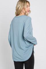 Light Blue Button Front Raw Edge Top