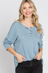 Light Blue Button Front Raw Edge Top