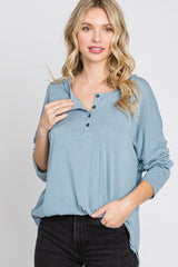 Light Blue Button Front Raw Edge Top