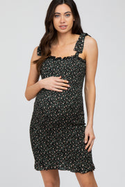 Black Multi Floral Smocked Square Neck Tied Strap Maternity Dress