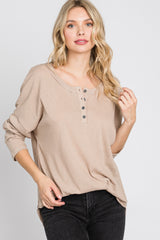 Taupe Button Front Raw Edge Top