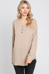 Taupe Button Front Raw Edge Top