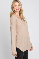 Taupe Button Front Raw Edge Top