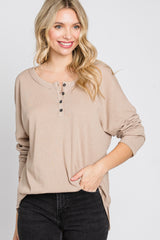 Taupe Button Front Raw Edge Top