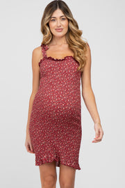 Burgundy Multi Floral Smocked Square Neck Tied Strap Maternity Dress