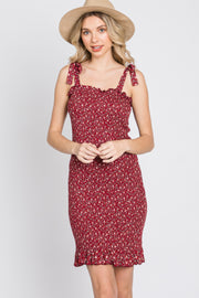 Burgundy Multi Floral Smocked Square Neck Tied Strap Dress