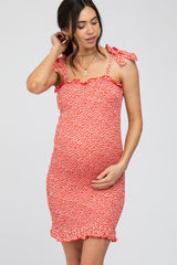 Red Floral Smocked Square Neck Tied Strap Maternity Dress