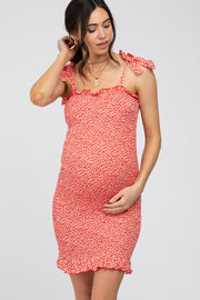 Red Floral Smocked Square Neck Tied Strap Maternity Dress