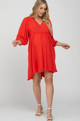 Coral Linen Raw Edge Hi-Low Hem Maternity Dress