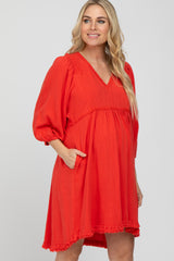 Coral Linen Raw Edge Hi-Low Hem Maternity Dress