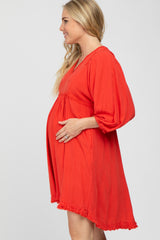 Coral Linen Raw Edge Hi-Low Hem Maternity Dress