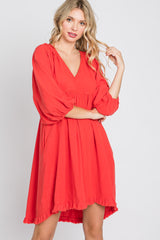 Coral Linen Raw Edge Hi-Low Hem Maternity Dress