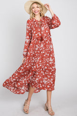 Rust Floral Tassel Front Tie Ruffle Hem Midi Dress