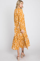 Yellow Floral Tassel Front Tie Ruffle Hem Midi Dress