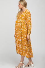 Yellow Floral Tassel Front Tie Ruffle Hem Maternity Midi Dress