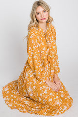 Yellow Floral Tassel Front Tie Ruffle Hem Midi Dress