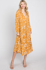 Yellow Floral Tassel Front Tie Ruffle Hem Midi Dress