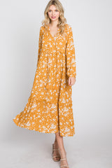 Yellow Floral Tassel Front Tie Ruffle Hem Midi Dress