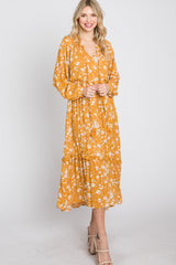 Yellow Floral Tassel Front Tie Ruffle Hem Midi Dress