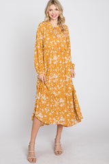 Yellow Floral Tassel Front Tie Ruffle Hem Midi Dress